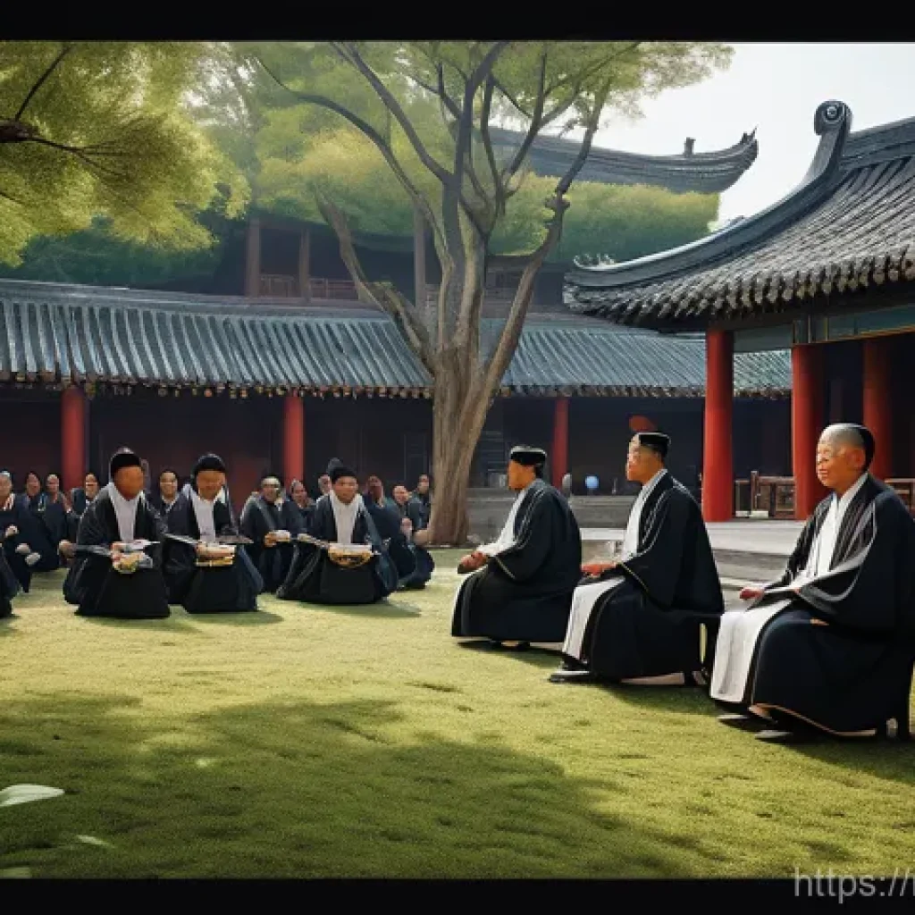 유교와 법가 사상의 철학적 대립 - **A Diptych of Ancient Chinese Philosophies:**
    A vivid diptych artwork depicting the stark contr...
