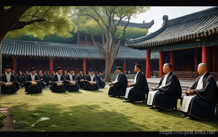유교와 법가 사상의 철학적 대립 - **A Diptych of Ancient Chinese Philosophies:**
A vivid diptych artwork depicting the stark contr...