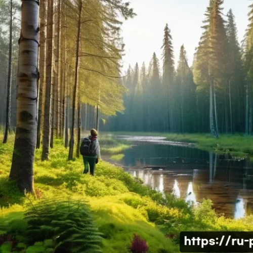 생태철학과 지속 가능성 논의 - A serene Russian forest scene during early morning with soft sunlight filtering through tall pine an...