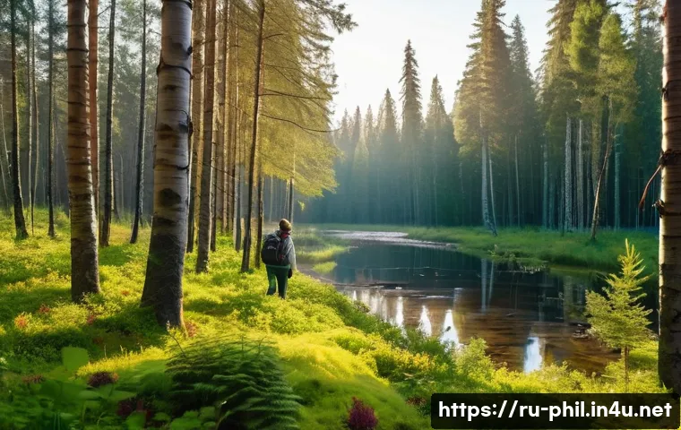 생태철학과 지속 가능성 논의 - A serene Russian forest scene during early morning with soft sunlight filtering through tall pine an...