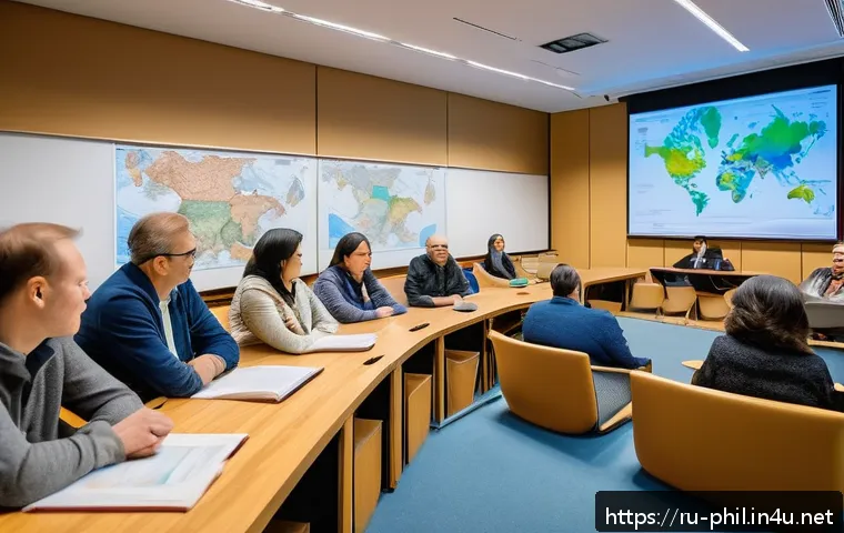 탈식민주의 철학과 문화 비판 - A diverse group of Russian and Eurasian cultural historians in a modern university lecture hall, eng...