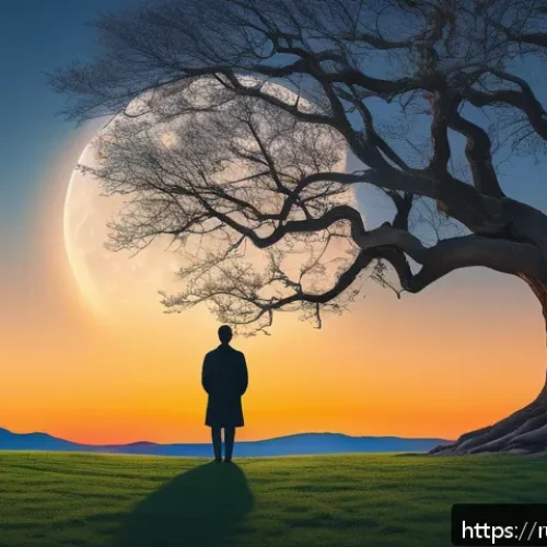니체의 영원회귀와 초인 사상 - A serene, symbolic scene illustrating the concept of time as an infinite circle: a vast natural land...