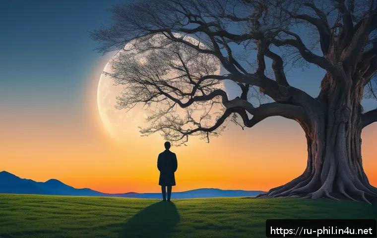 니체의 영원회귀와 초인 사상 - A serene, symbolic scene illustrating the concept of time as an infinite circle: a vast natural land...