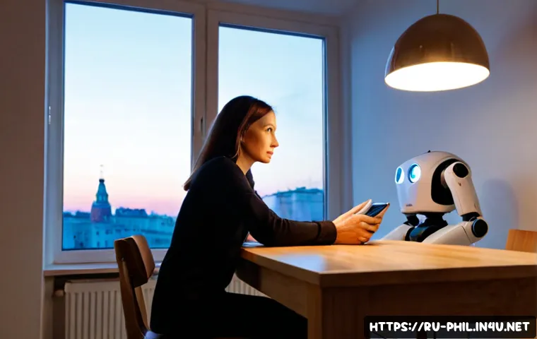 Home 13 포스트휴먼 철학과 미래 전망 - Photorealistic contemplative scene of a middle-aged Russian woman in a minimalist Moscow apartment, ...